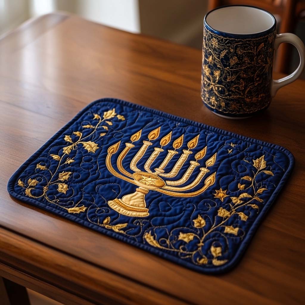 Golden Swirl Menorah quilted placemats – gold menorah on blue