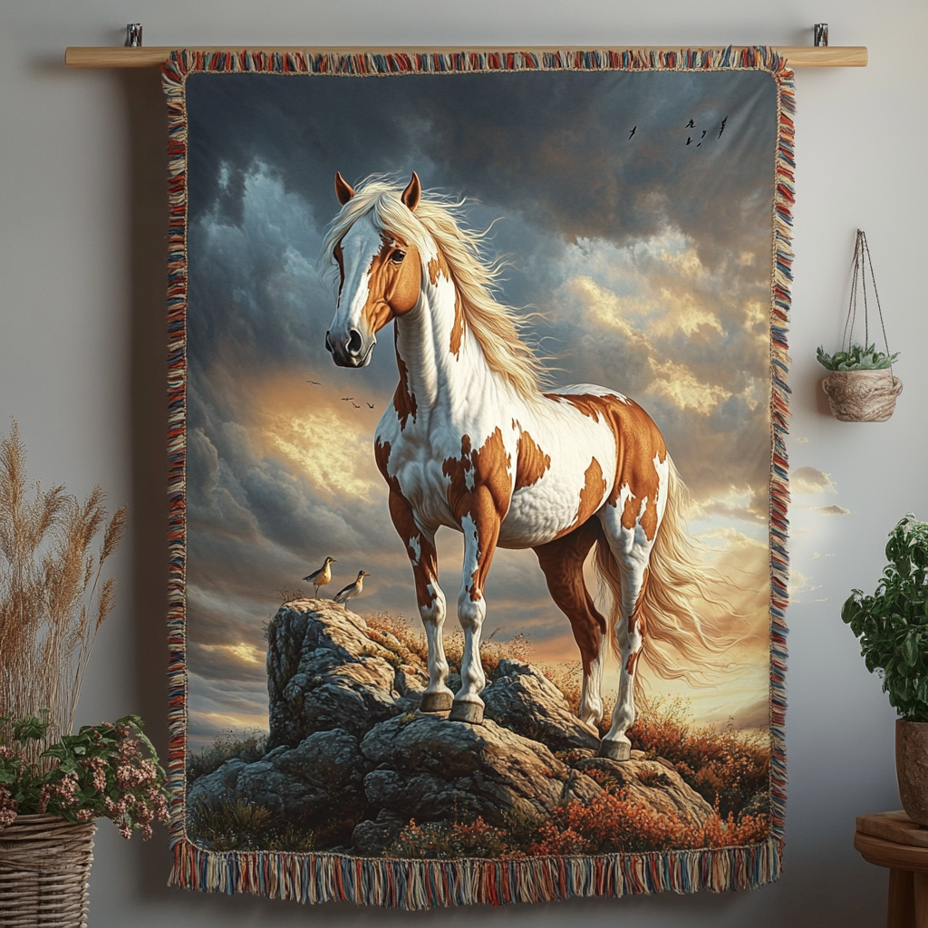 Paint Horse on the Rocks quilted throw – paint horse on a rocky outcrop