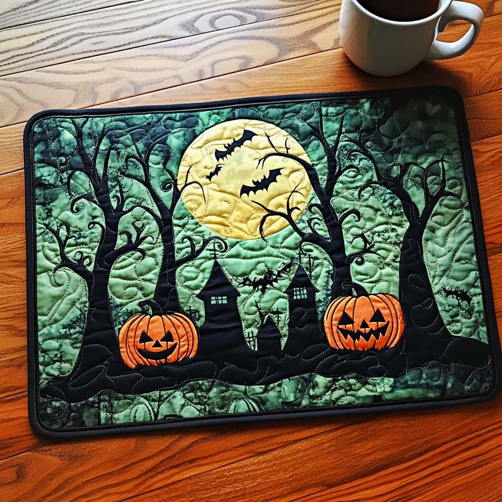 Eerie Forest quilted placemats – moonlit Halloween forest