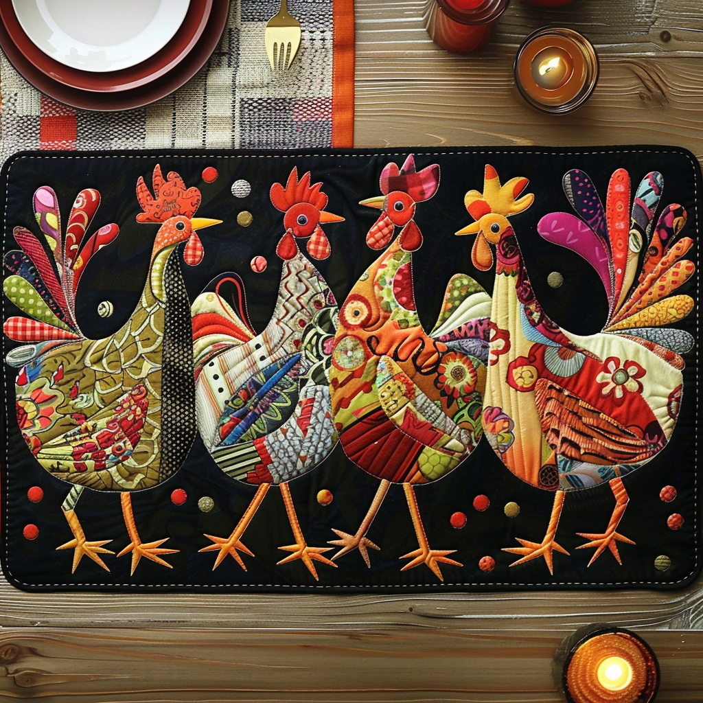 Starry Night Roosters quilted placemats – patterned roosters on black