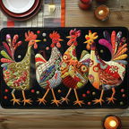 Starry Night Roosters quilted placemats – patterned roosters on black