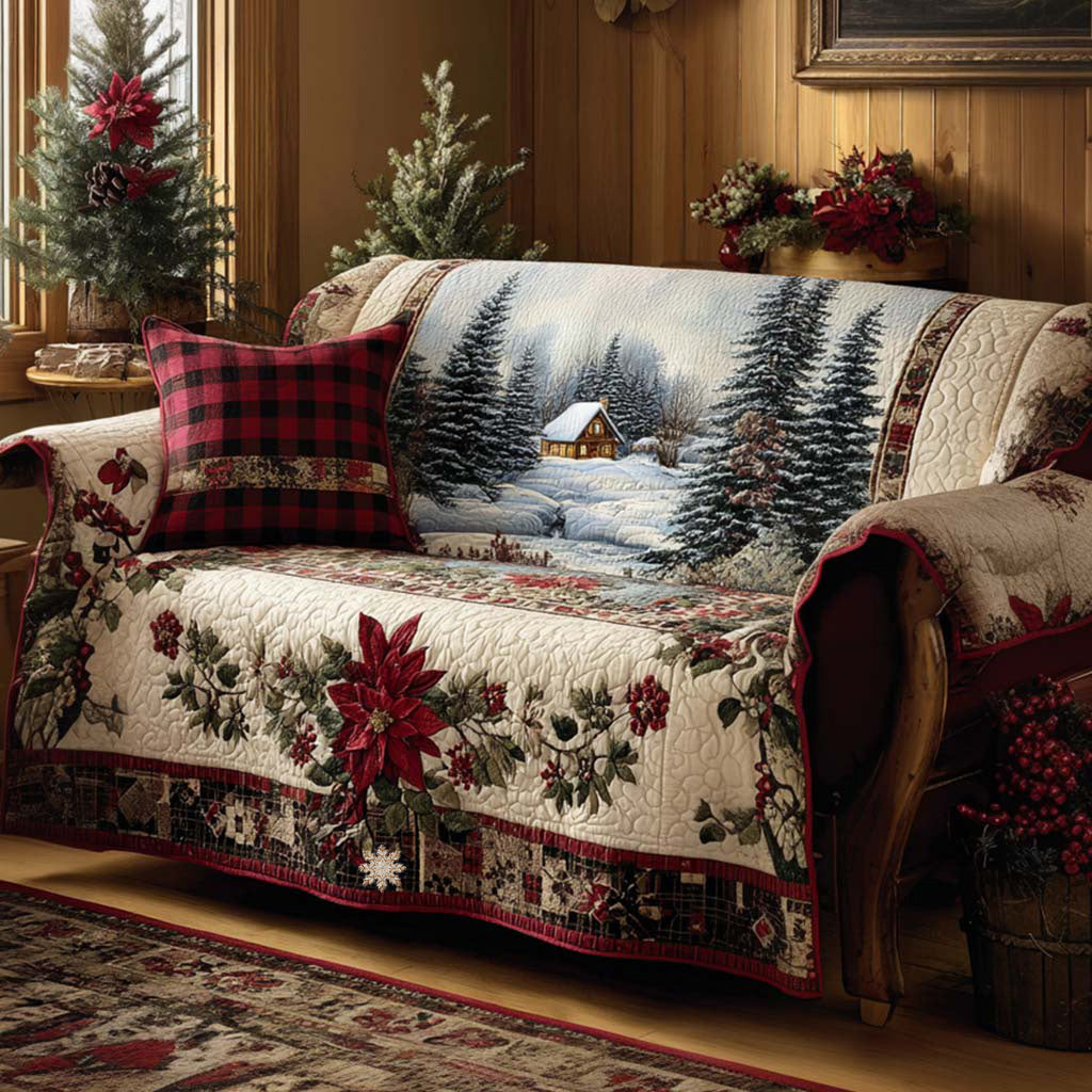 Winter Lodge Poinsettia quilted sofa cover – snowy forest with red poinsettias