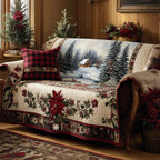 Winter Lodge Poinsettia quilted sofa cover – snowy forest with red poinsettias