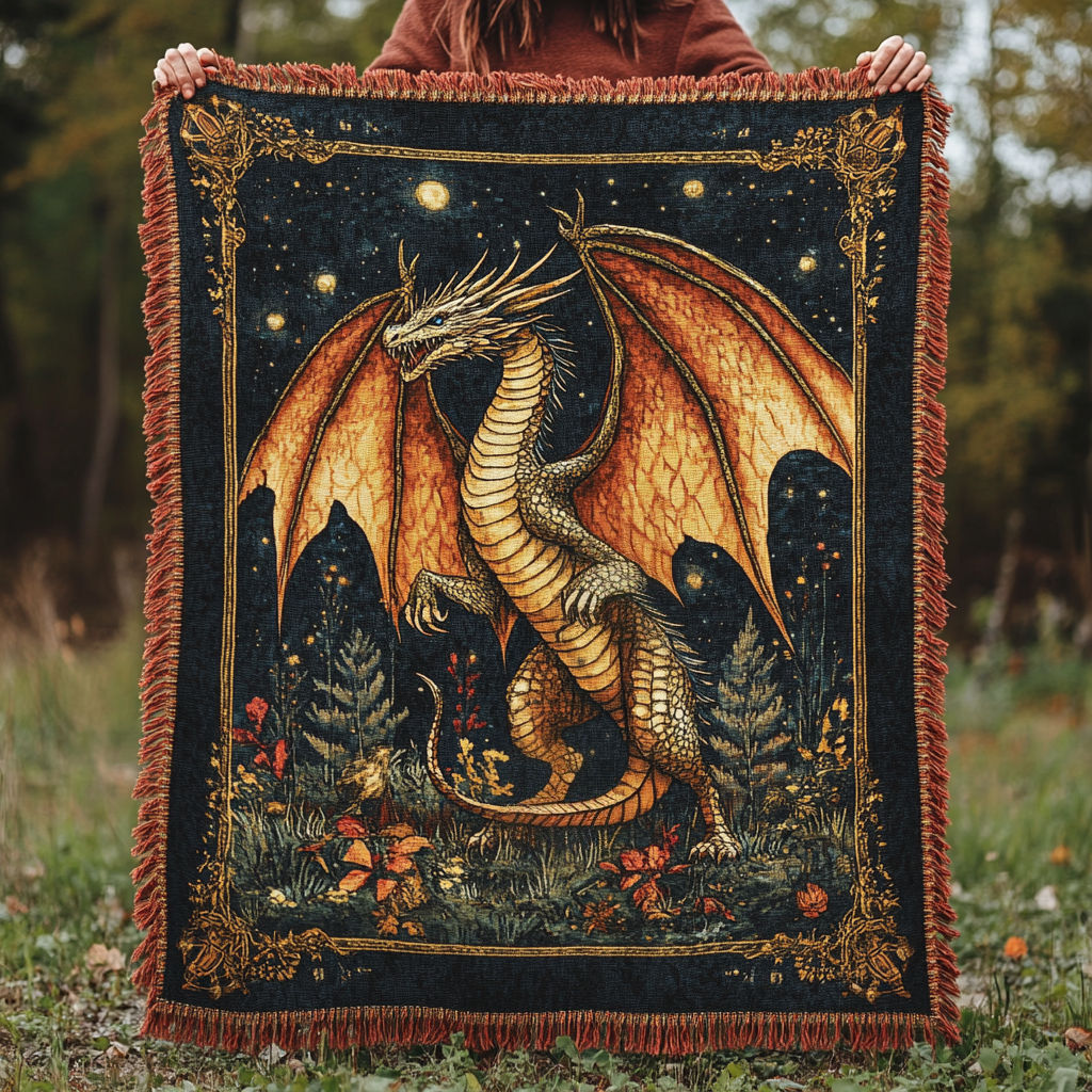 Golden Starlit Dragon woven sofa throw – golden dragon under the stars