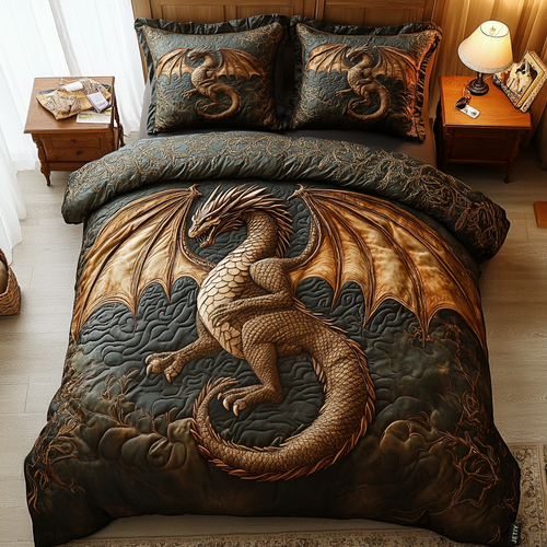 Bronze Dragon quilted bedspread set – bronze dragon on deep charcoal