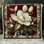 Burgundy Magnolia woven sofa throw – cream magnolia on burgundy