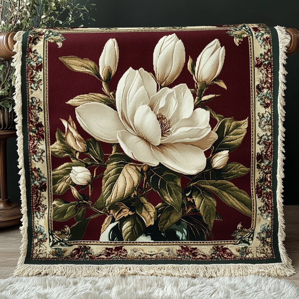 Burgundy Magnolia woven sofa throw – cream magnolia on burgundy