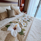 White Hibiscus quilted bed runner – white hibiscus on soft taupe