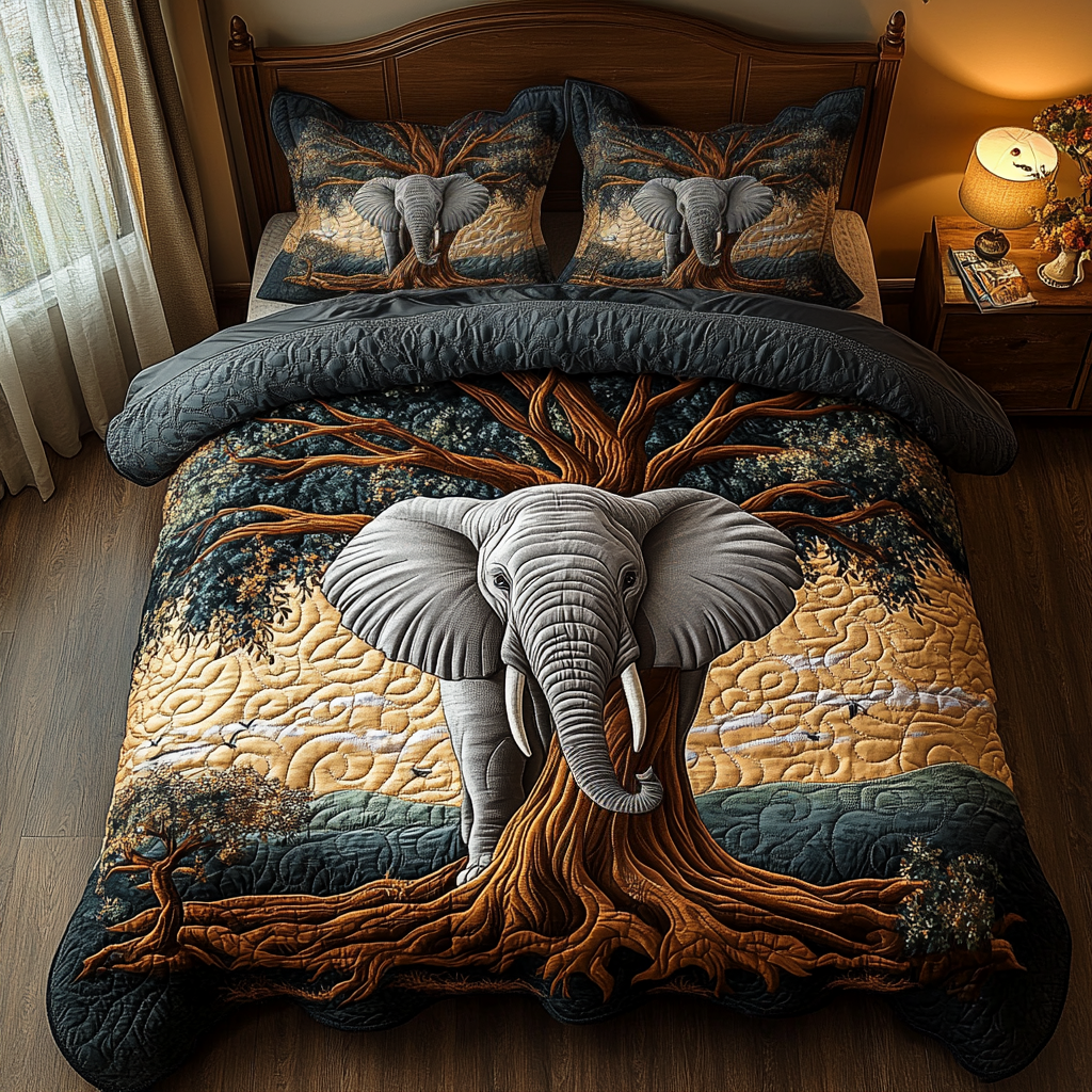 Elephant Tree of Life quilted bedspread set – elephant before a tree of life