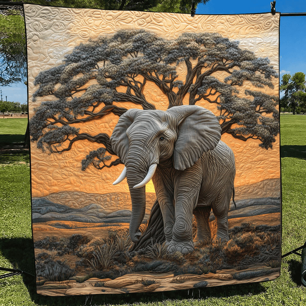 Elephant and Baobab quilted throw – elephant beneath a baobab at sunset