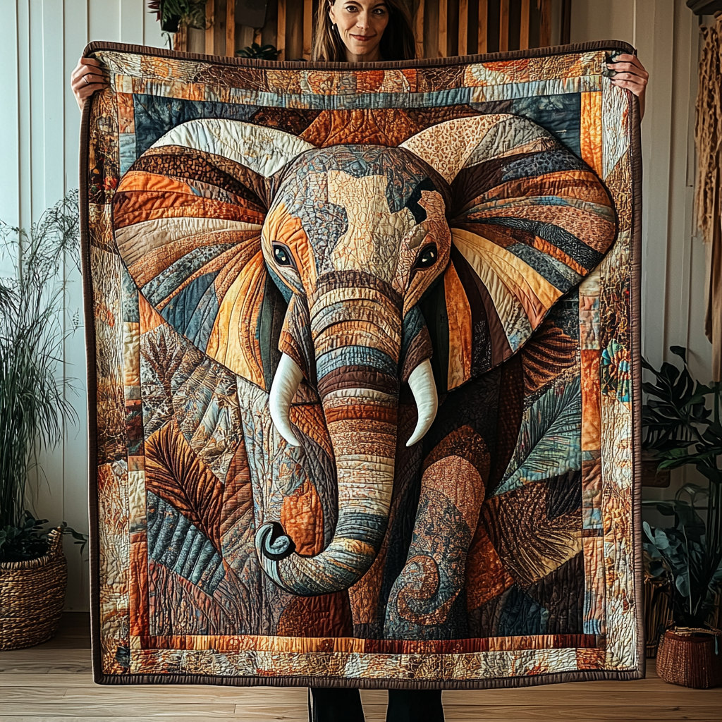 Patchwork Elephant quilted throw – elephant face in gold and rust patchwork