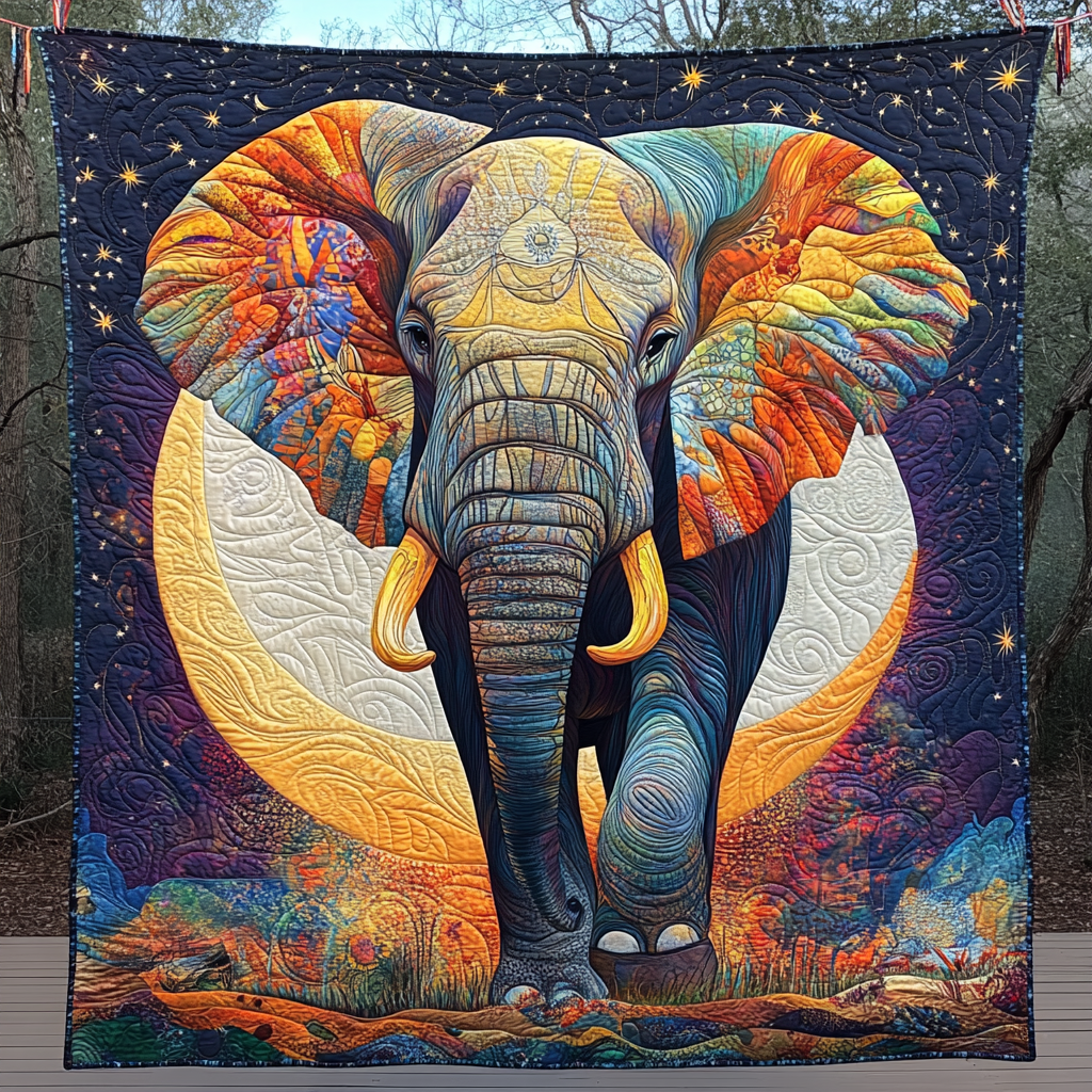 Moonlit Elephant quilted throw – colourful elephant before a full moon
