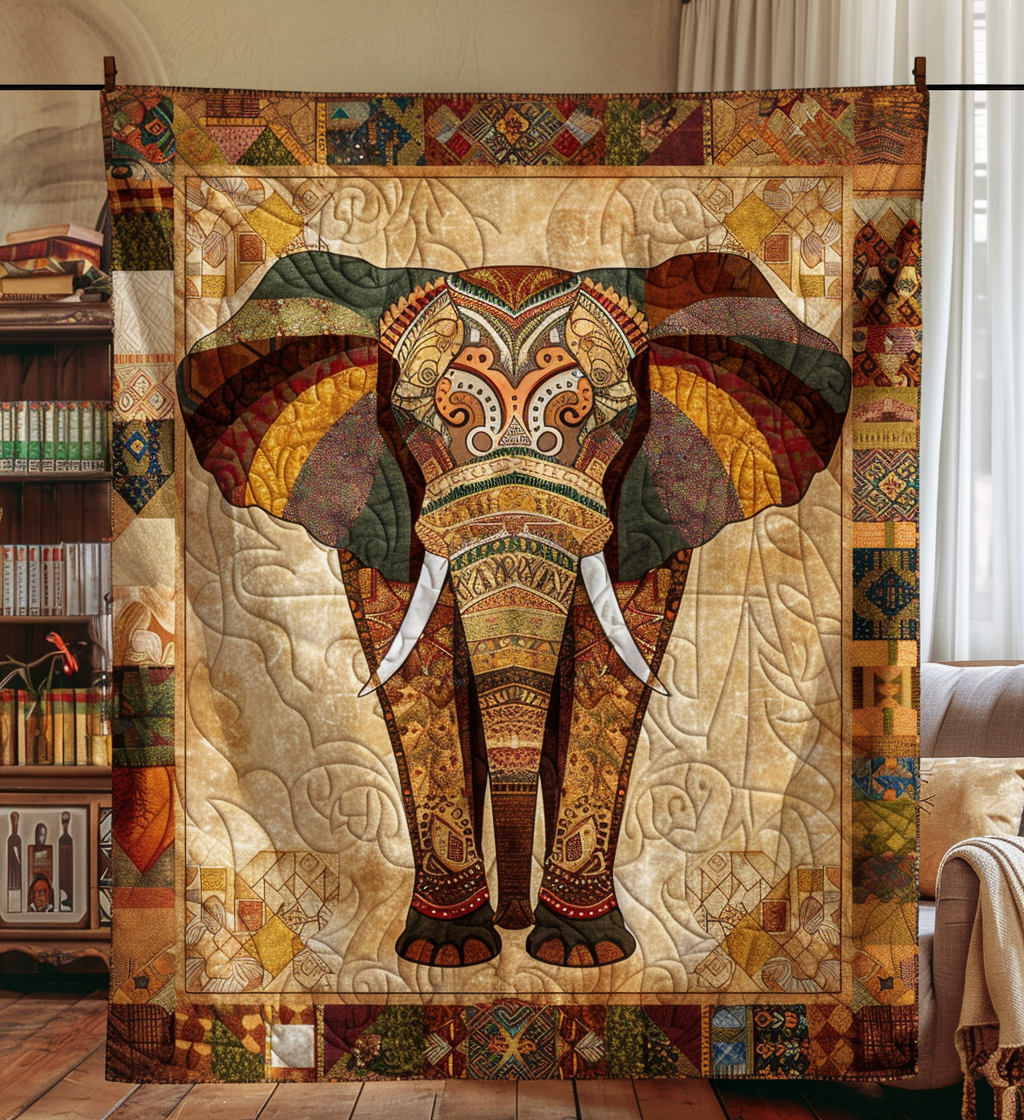 Ornate Elephant quilted throw – ornate patterned elephant on patchwork