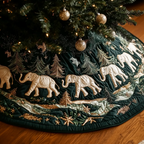 White Elephant Trail quilted Christmas tree skirt – white elephants walking through a dark green winter forest