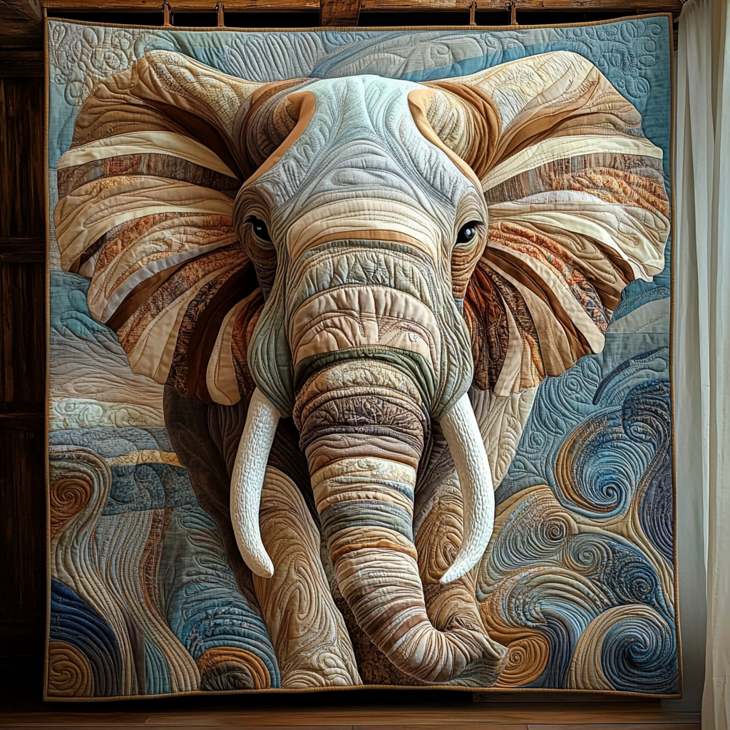 Majestic Elephant quilted throw – grand elephant against blue and cream swirls
