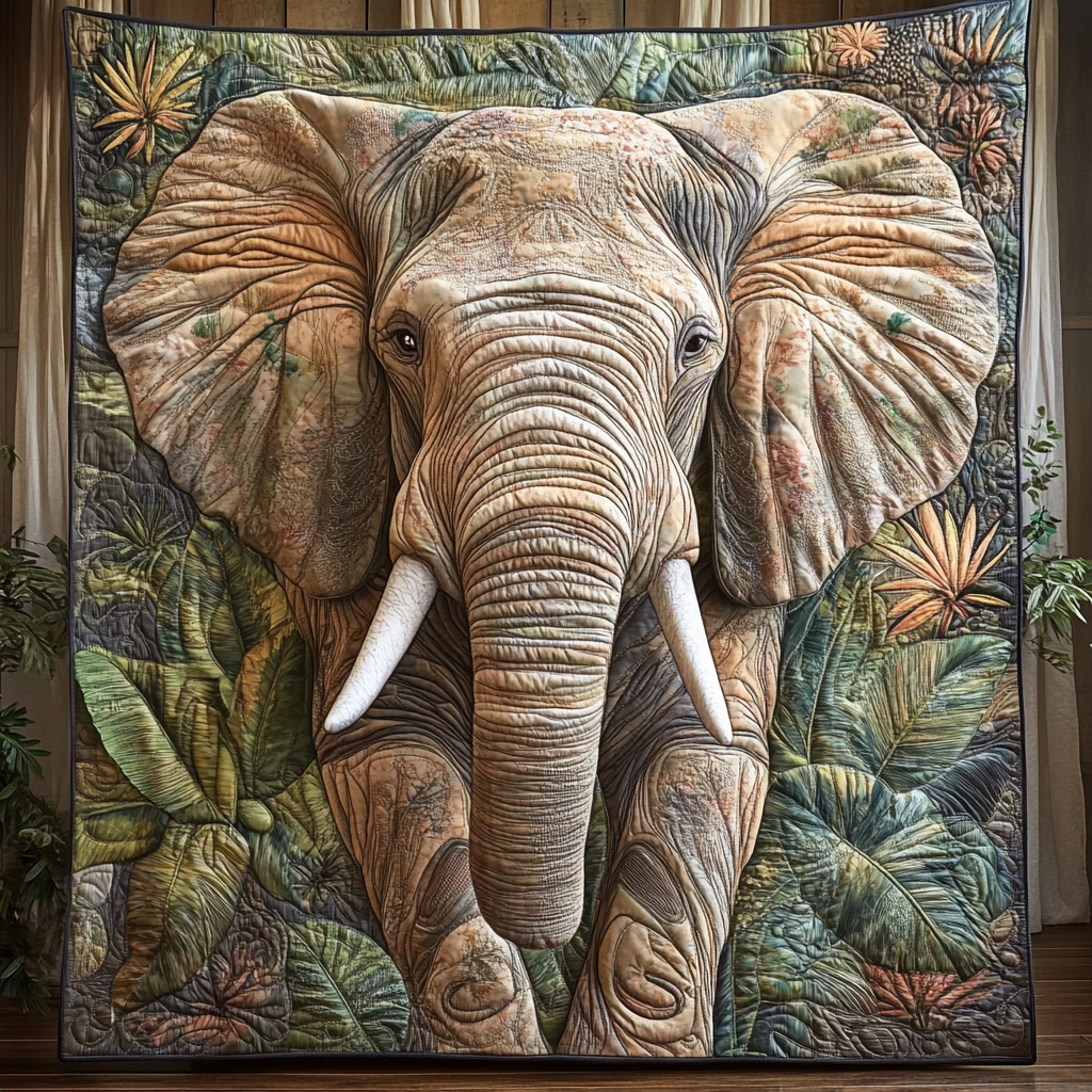 Jungle Elephant quilted throw – elephant among lush jungle leaves