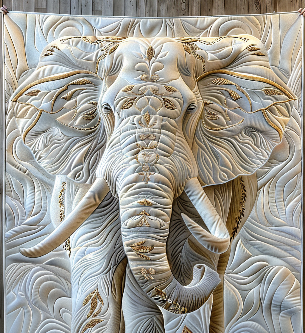 White Elephant quilted throw – white elephant in ivory swirls