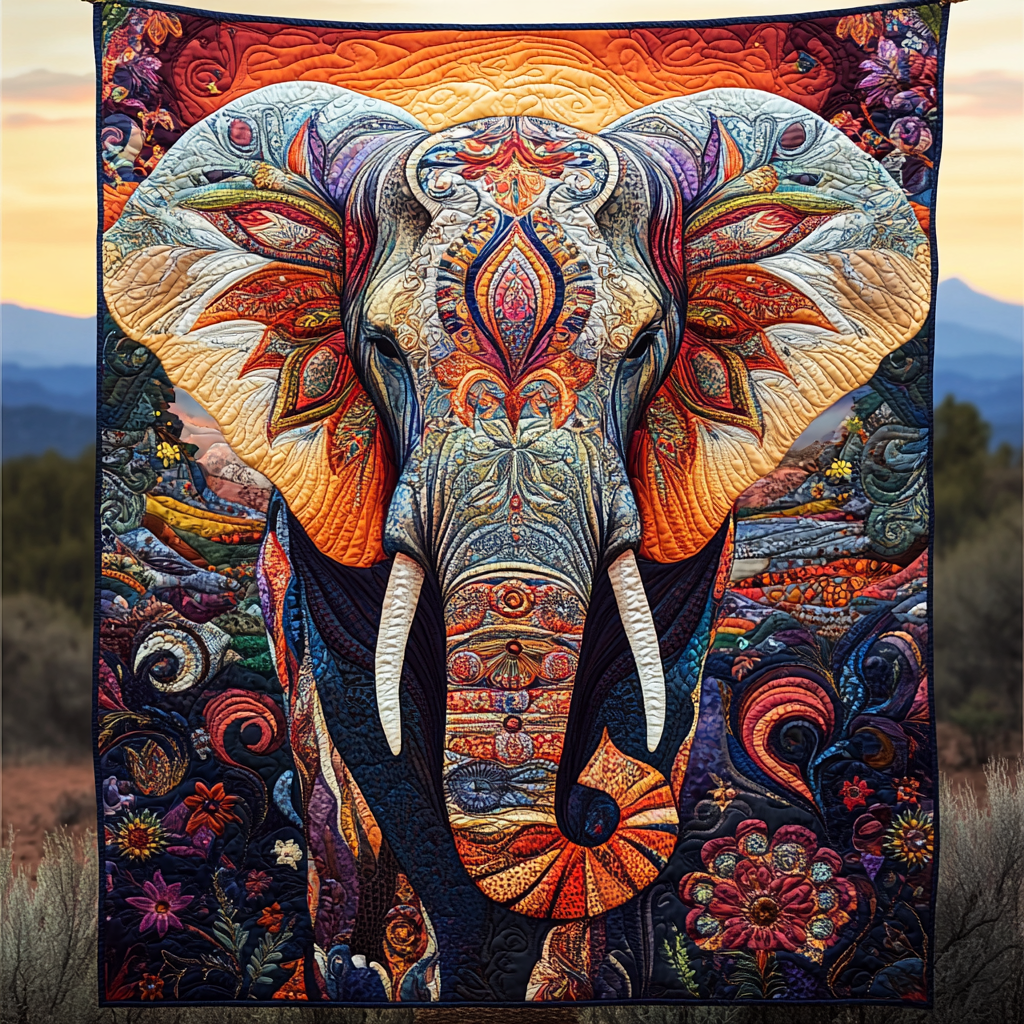 Sunset Elephant quilted throw – vivid patterned elephant before a sunset