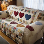 Scrappy Hearts quilted sofa cover – hearts on scrappy cream patchwork