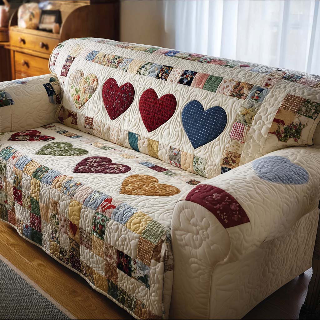 Scrappy Hearts quilted sofa cover – hearts on scrappy cream patchwork