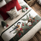 Winter Chickadee quilted bed runner – chickadee among pine cones and berries
