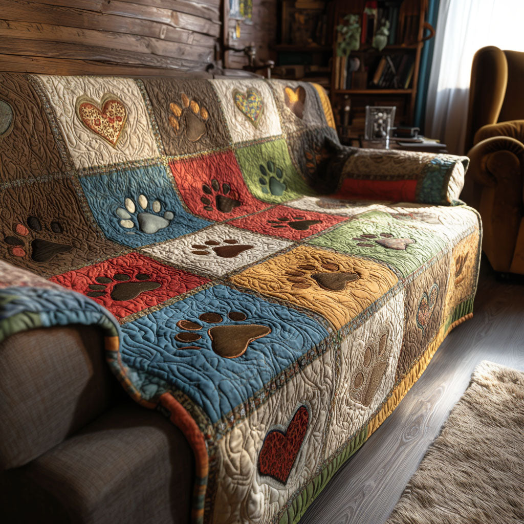 Paws and Hearts quilted sofa cover – paw prints and hearts in patchwork