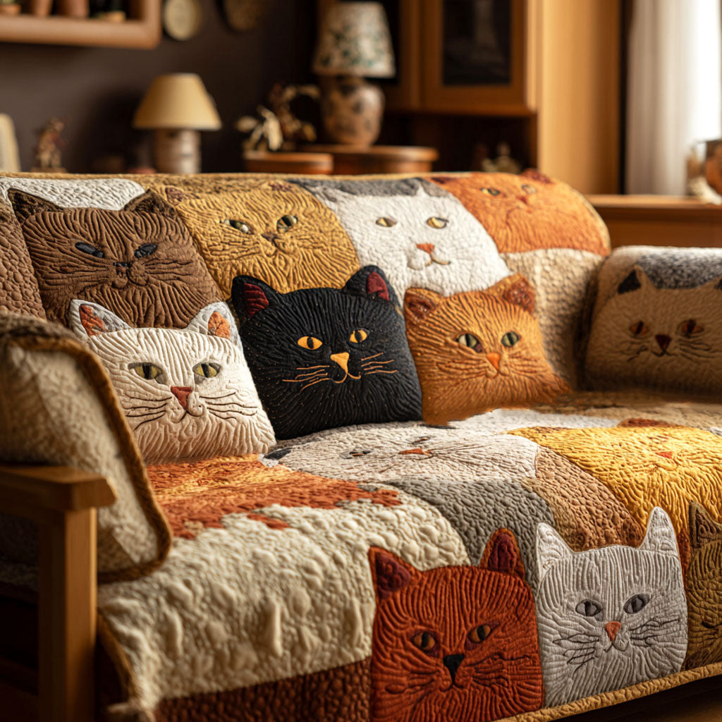 Cosy Cat Patchwork quilted sofa cover – cats on warm patchwork
