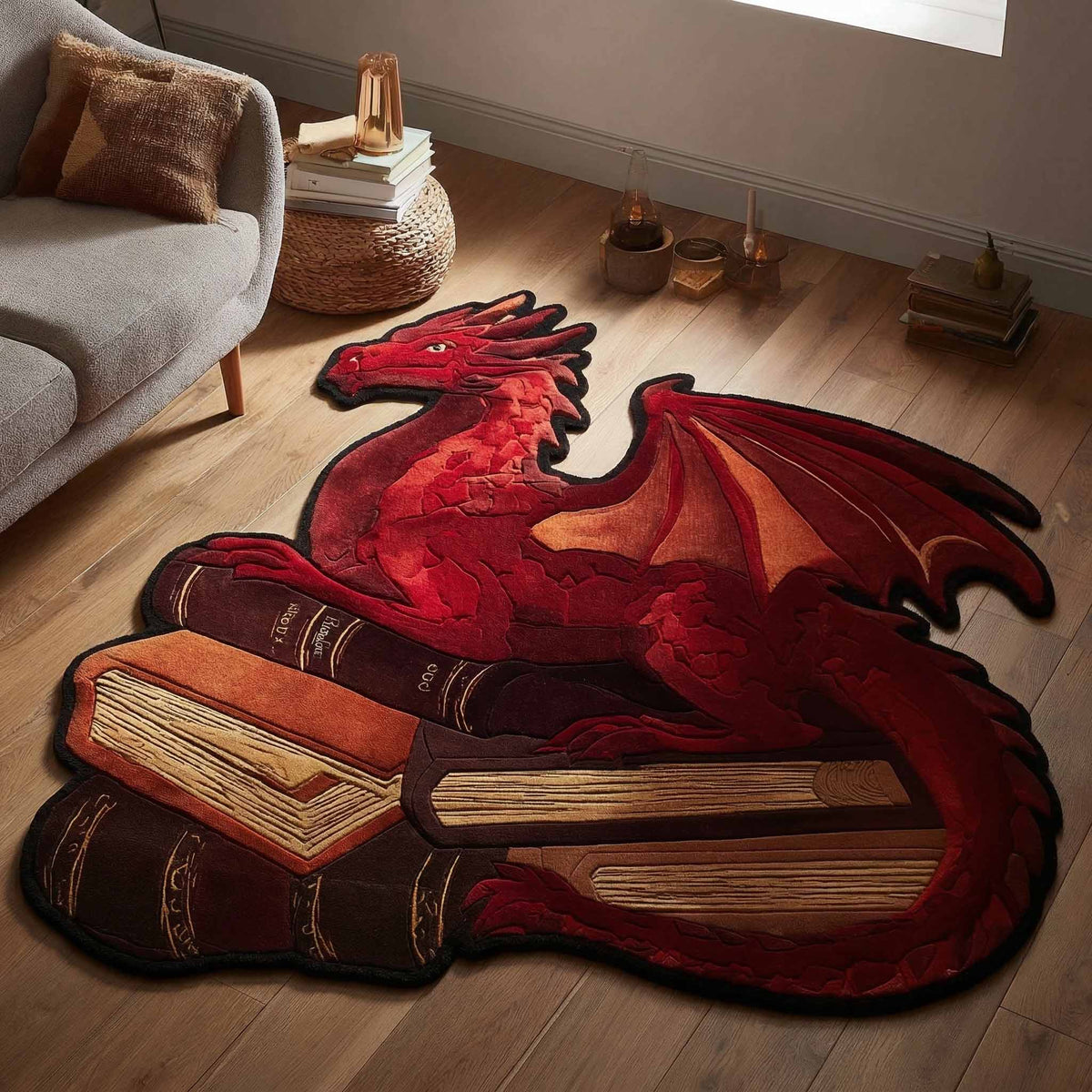 Ember Wyrm shaped rug – red dragon on books