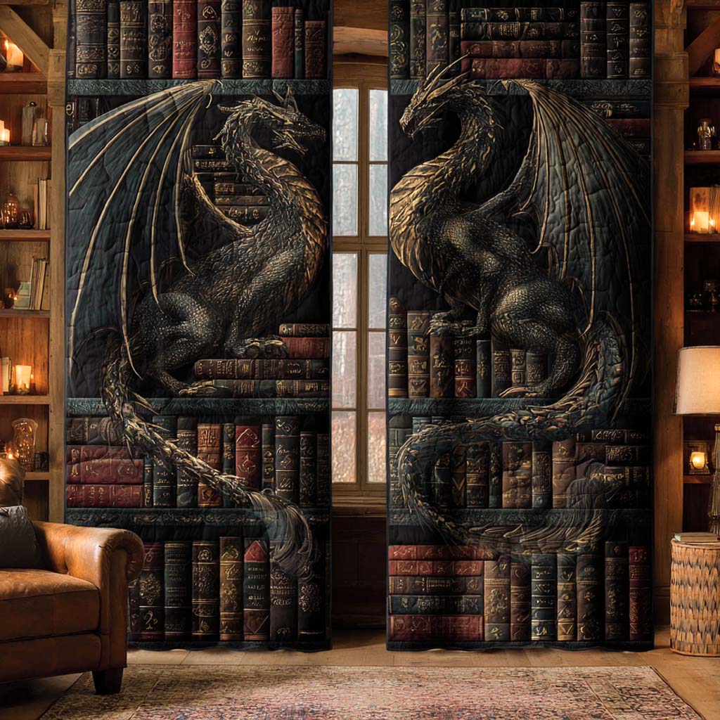 Black Dragon Library quilted curtains – black dragons on bookshelves