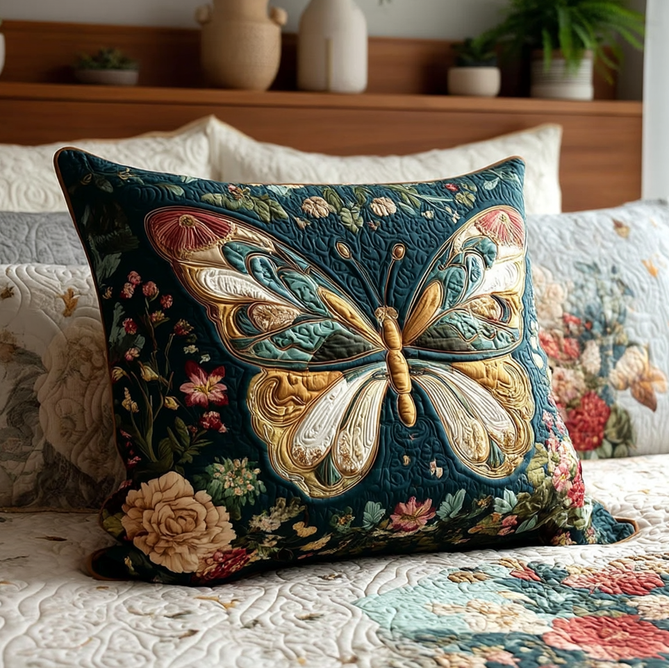 Golden Butterfly Garden quilted pillowcase – golden butterfly among roses on navy