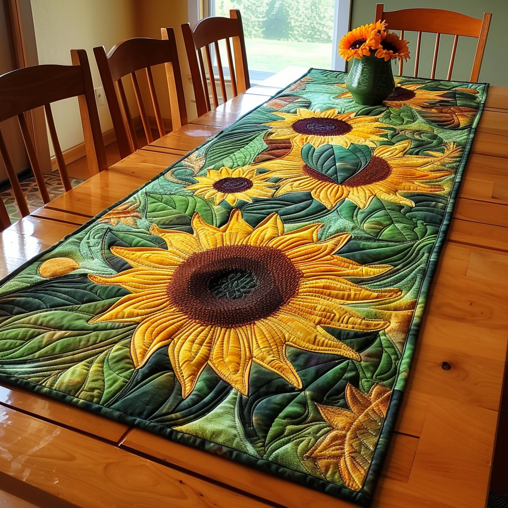 Emerald Sunflower quilted table runner – giant sunflower on green