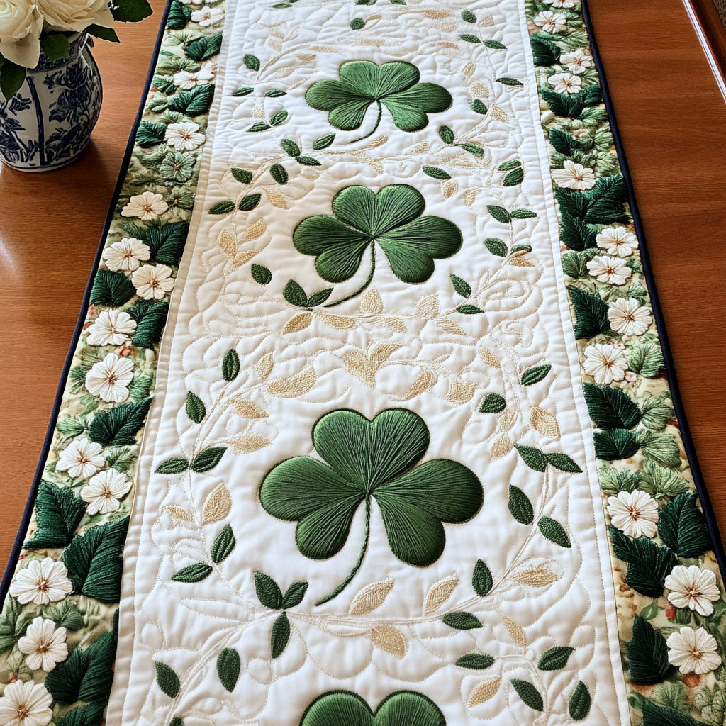 Shamrock Trail quilted table runner – shamrocks with white flowers