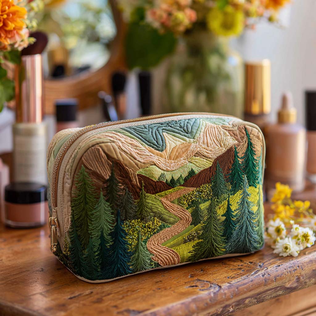 Quilted make-up bag with an Emerald Canopy design showing a vintage camper van beneath a canopy of green leaves with retro daisies