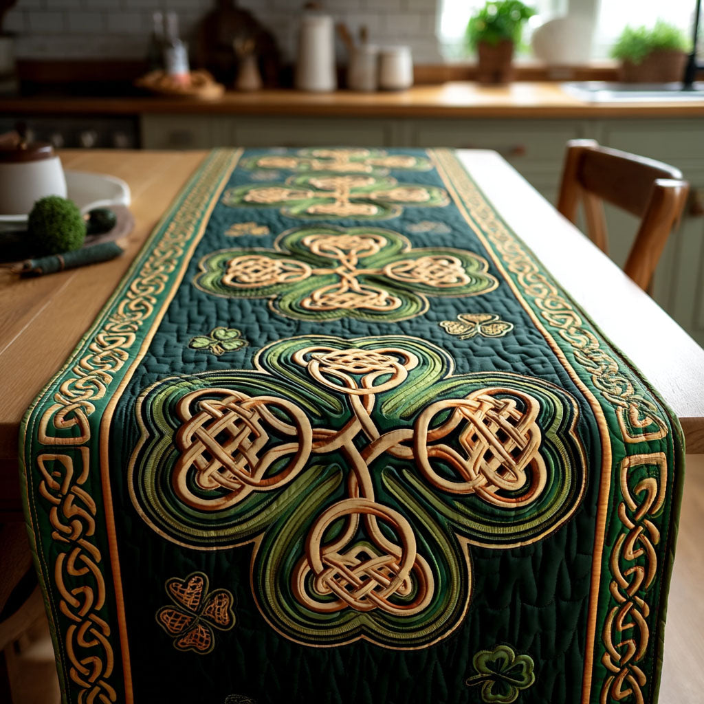 Emerald Celtic Knot quilted table runner – golden Celtic knots on emerald