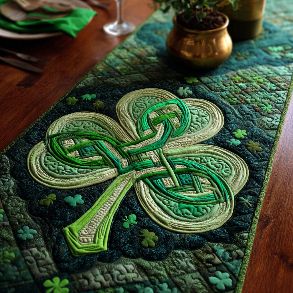 Celtic Shamrock quilted table runner – celtic knot shamrock on green