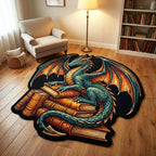 Emerald Dragon shaped rug – teal dragon on books