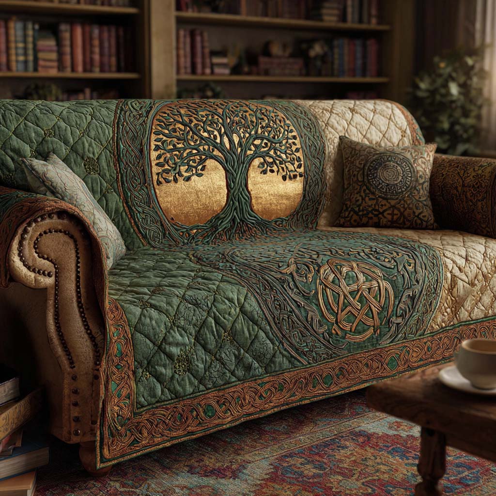 Emerald Forest Roots quilted sofa cover with a golden Tree of Life inside a pale moon circle on emerald green with Celtic borders