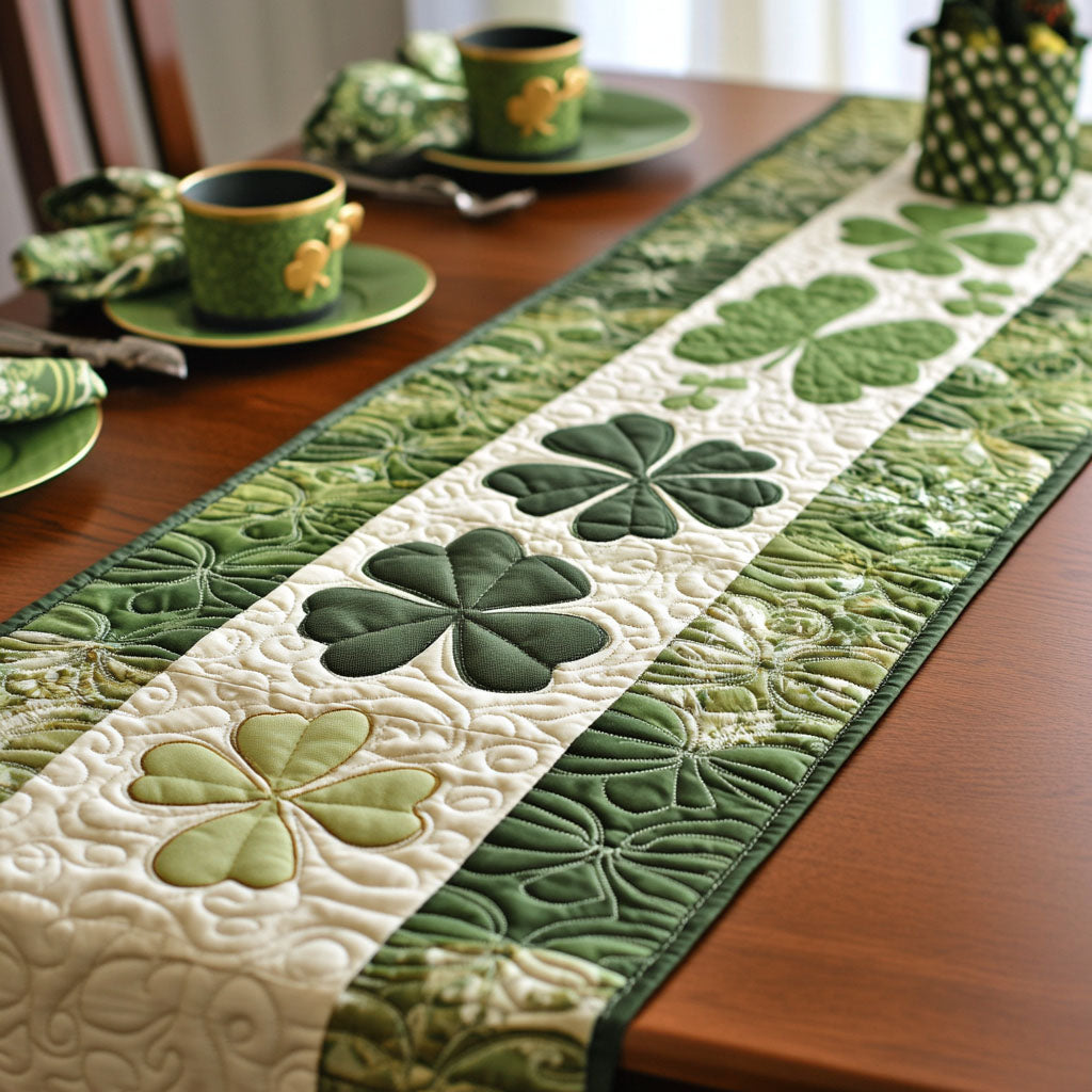 Sage Shamrock Strip quilted table runner – sage shamrocks on cream