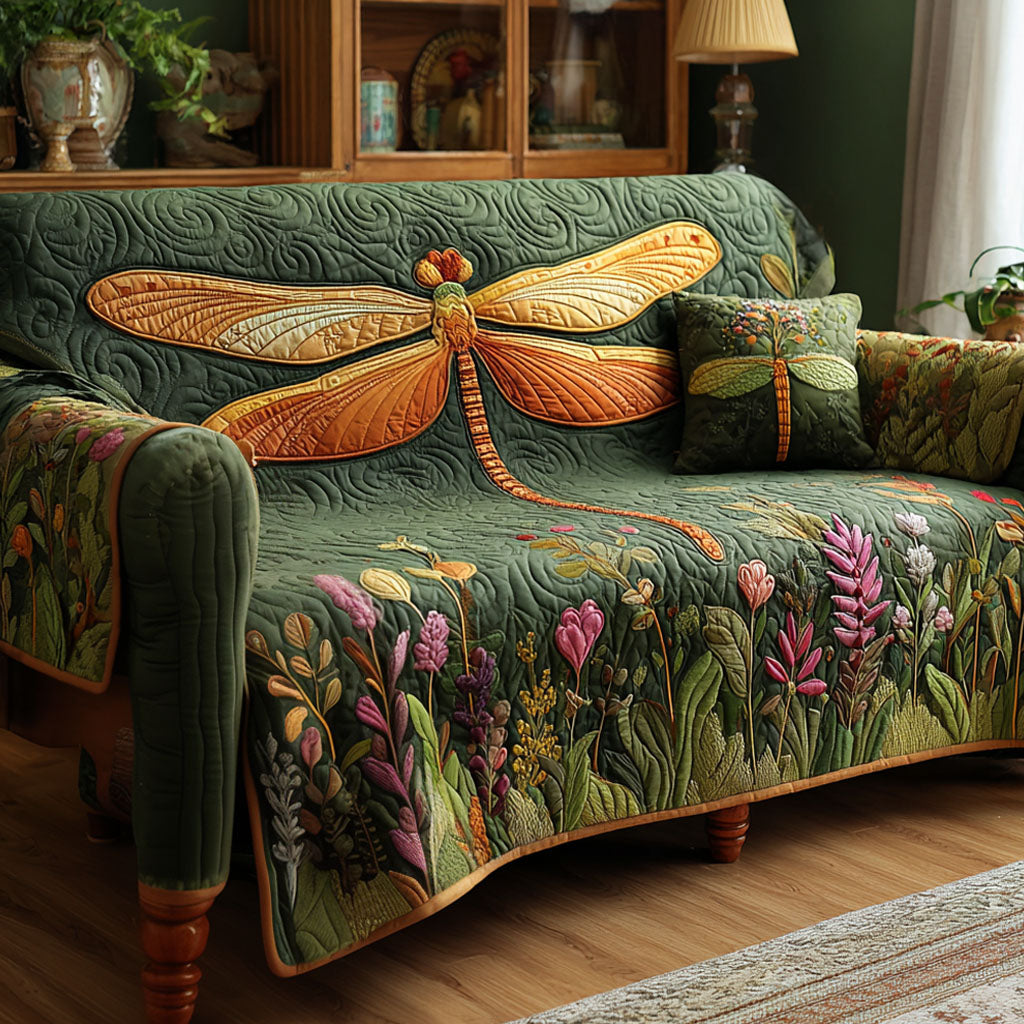 Emerald Dragonfly Meadow quilted sofa cover – golden dragonfly over wildflowers
