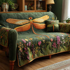 Emerald Dragonfly Meadow quilted sofa cover – golden dragonfly over wildflowers