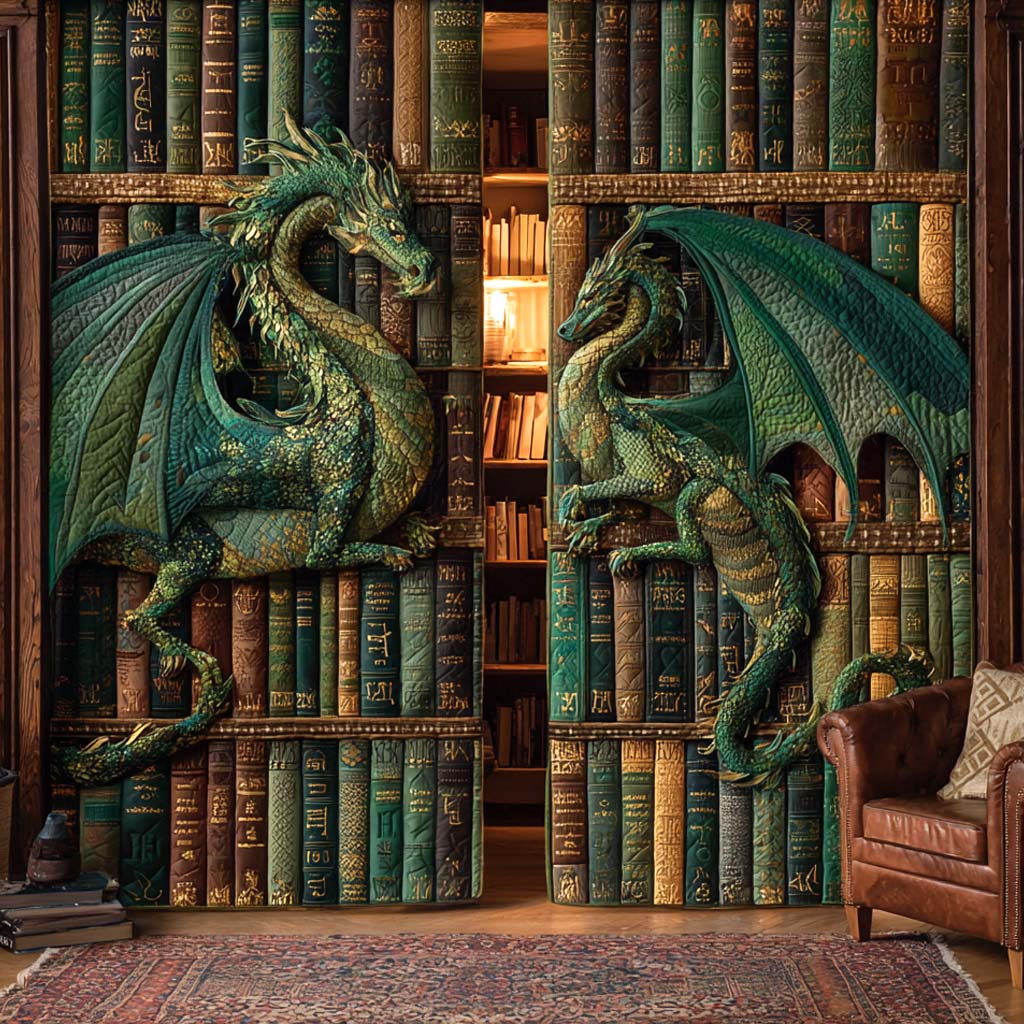 Emerald Dragon Library quilted curtains – green dragons on bookshelves