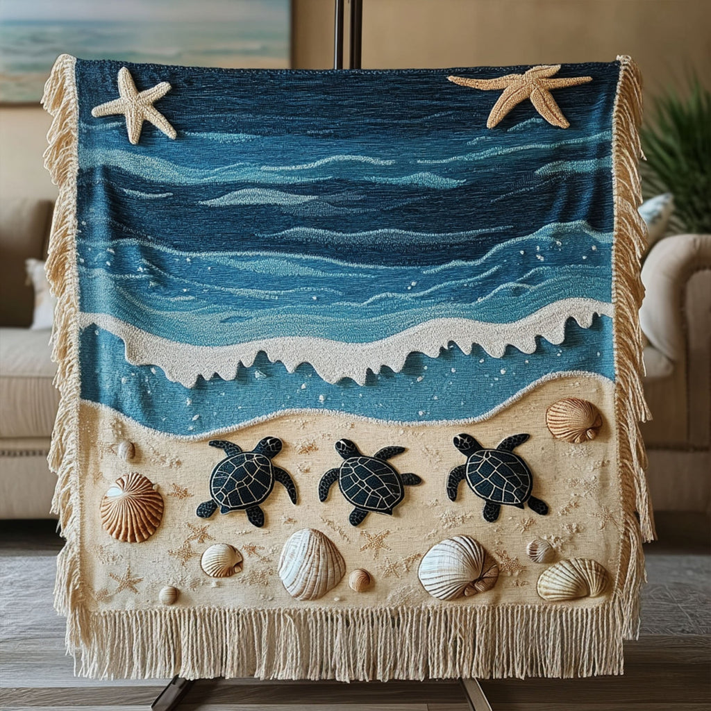 Waves and Shells quilted throw – blue waves with turtles and shells