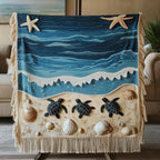 Waves and Shells quilted throw – blue waves with turtles and shells