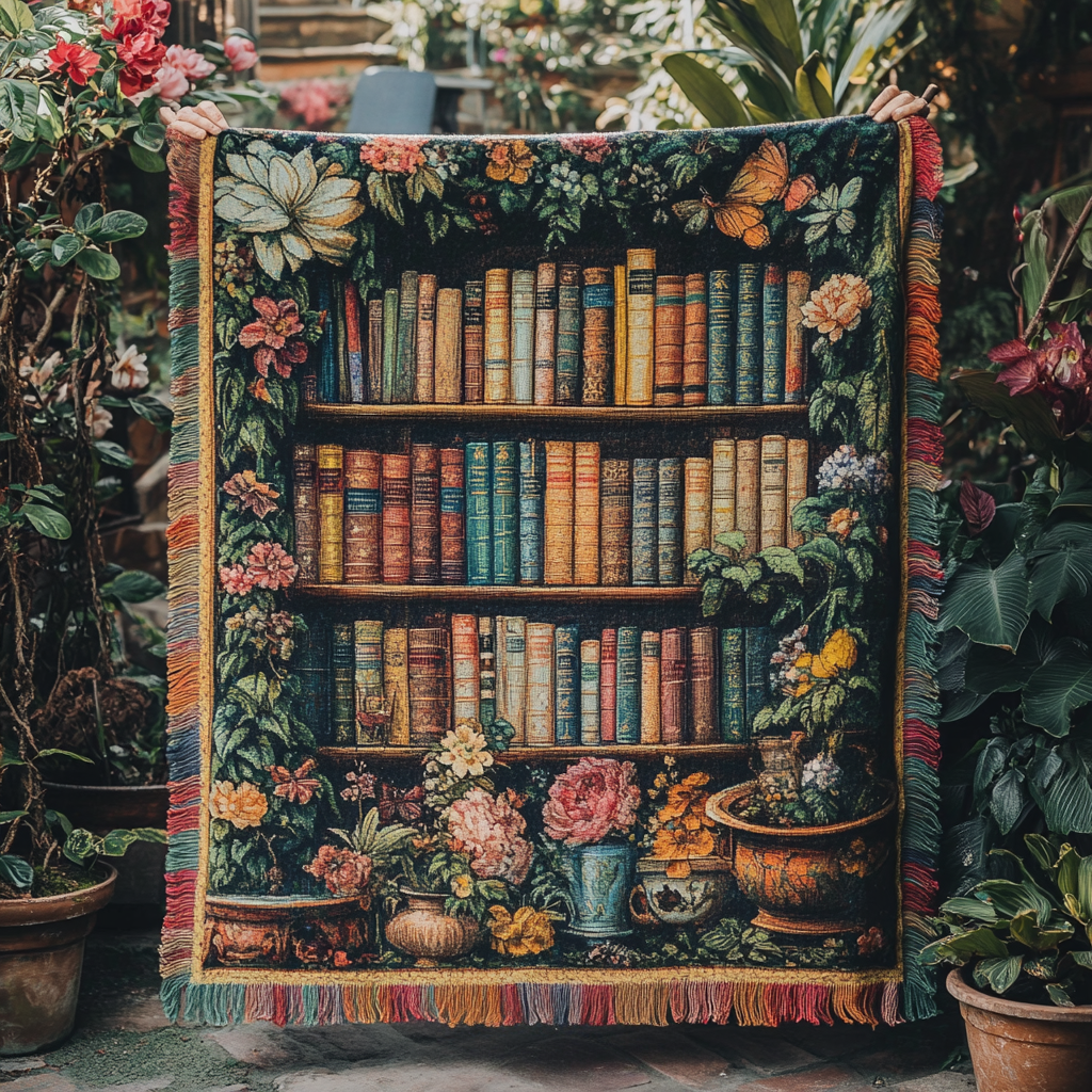 Garden Library woven sofa throw – bookshelves framed by flowers