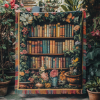 Garden Library woven sofa throw – bookshelves framed by flowers
