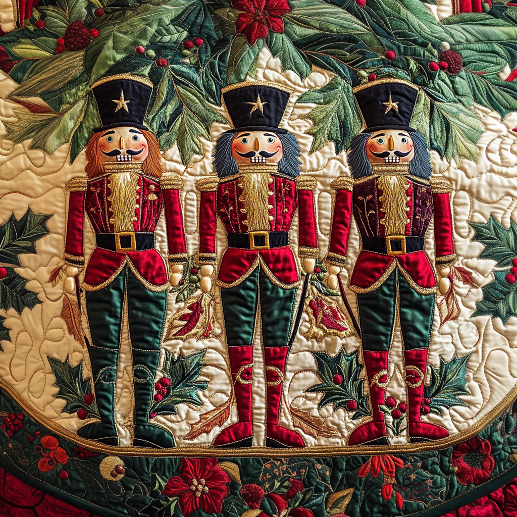 Nutcracker Trio quilted Christmas tree skirt – three red-coated nutcrackers on cream with holly and a green border