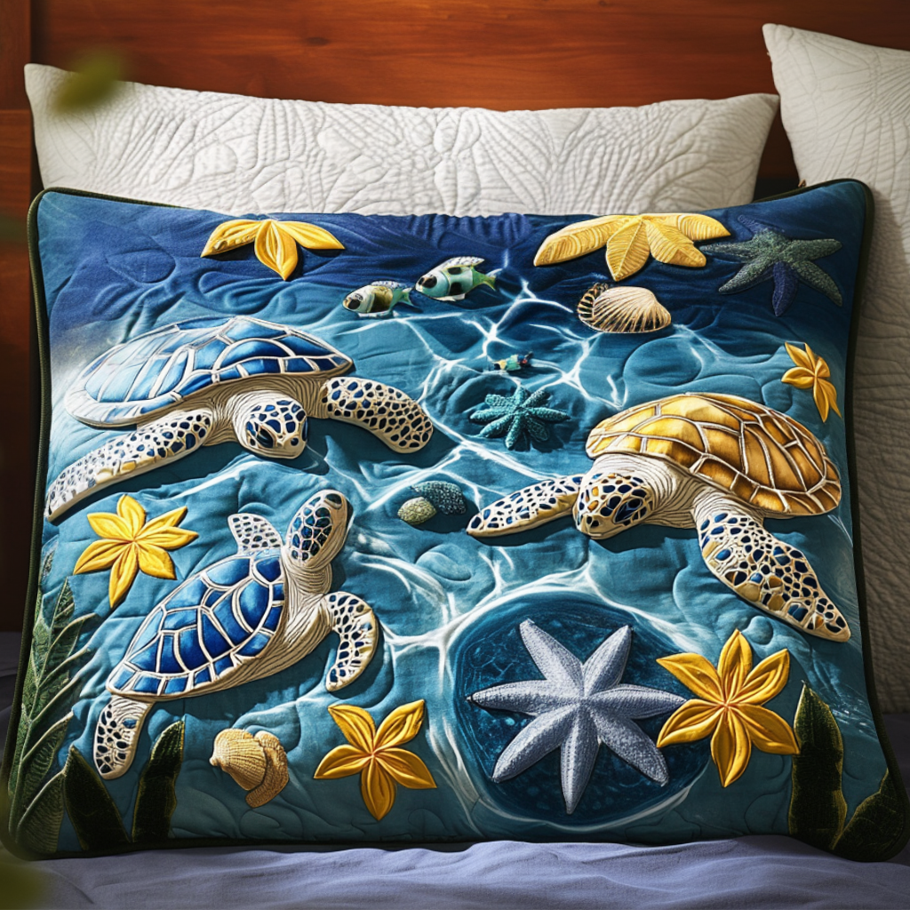 Turtles and Starfish quilted pillowcase – sea turtles among yellow starfish