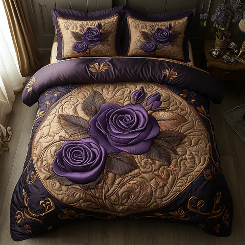 Amethyst Rose quilted bedspread set – purple roses on a golden medallion
