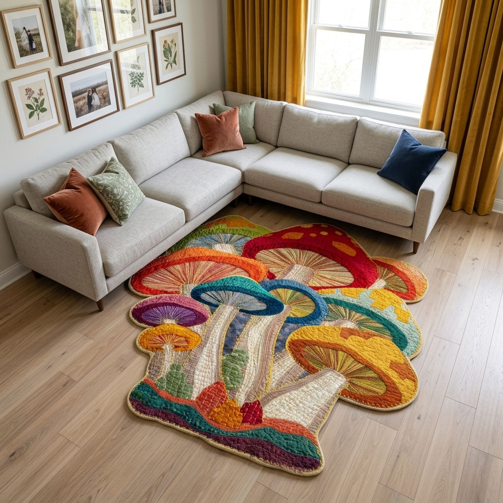 Enchanted Caps shaped rug – rainbow mushrooms