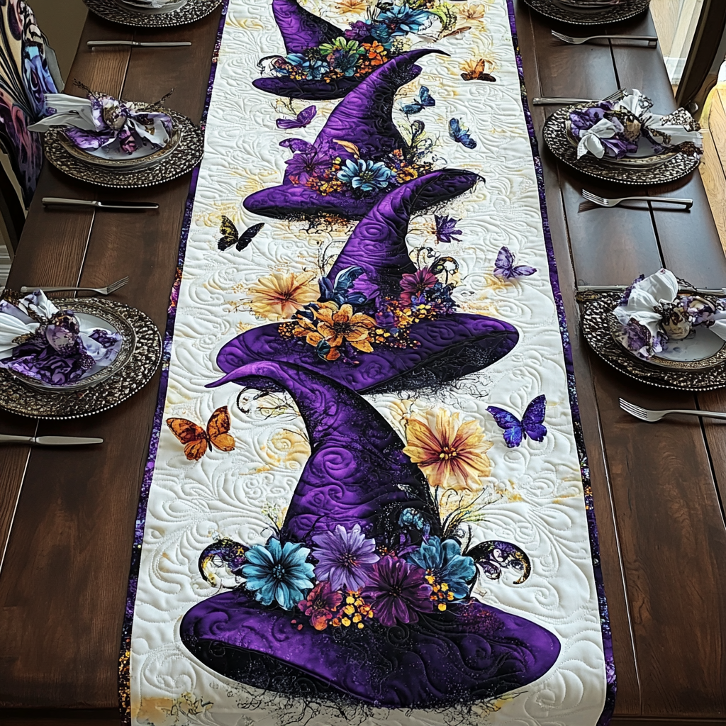 Witch Hat Garden quilted table runner – witch hats among flowers
